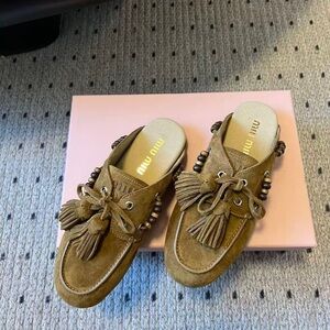 Miu Miu Tan Suede Tassel & Bead Slip-On Mules